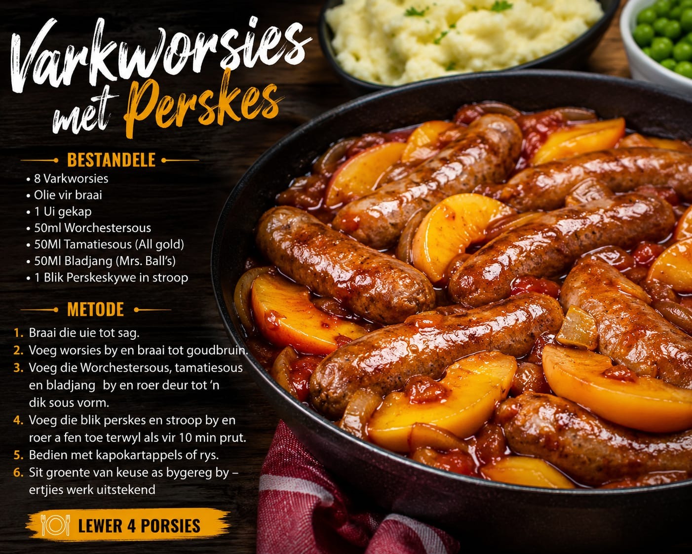 Sausages and Chicken with Peaches in Sweet and Sour Sauce